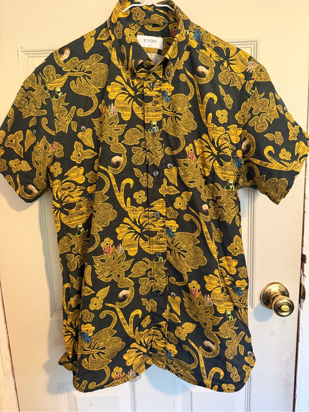 Eton Short-Sleeve Black Shirt with Bright Yellow Floral Print